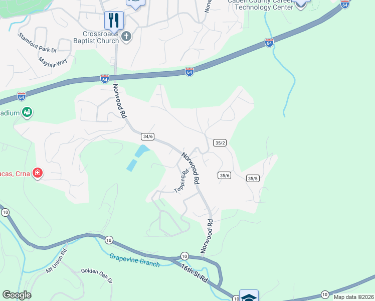 map of restaurants, bars, coffee shops, grocery stores, and more near 3619 Norwood Road in Huntington