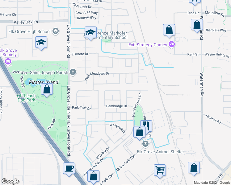 map of restaurants, bars, coffee shops, grocery stores, and more near 10072 Oglethorpe Way in Elk Grove