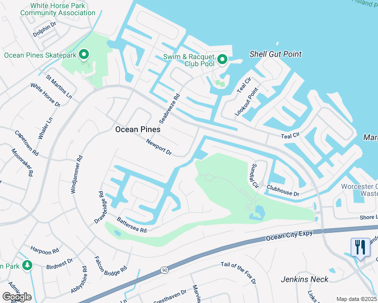 map of restaurants, bars, coffee shops, grocery stores, and more near 83 Newport Drive in Ocean Pines