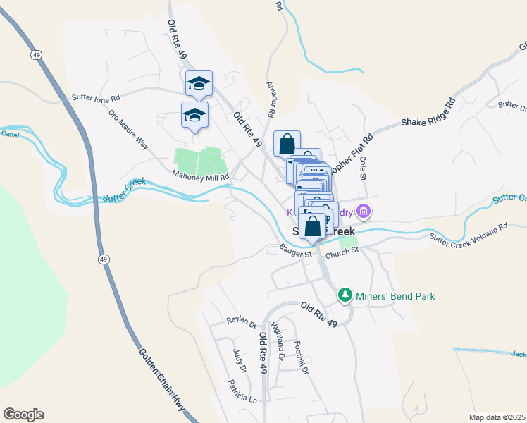 map of restaurants, bars, coffee shops, grocery stores, and more near 81 Spanish Street in Sutter Creek