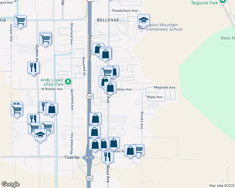 map of restaurants, bars, coffee shops, grocery stores, and more near 3422 Santa Rosa Avenue in Santa Rosa