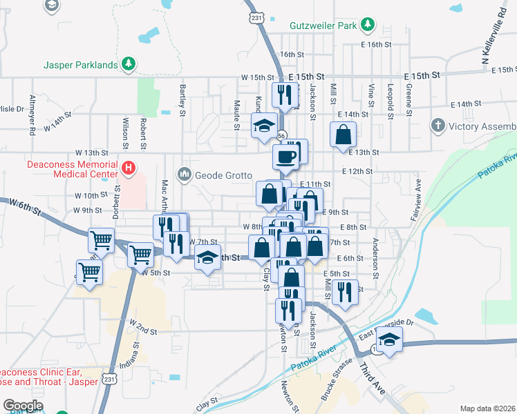map of restaurants, bars, coffee shops, grocery stores, and more near 908 Clay Street in Jasper