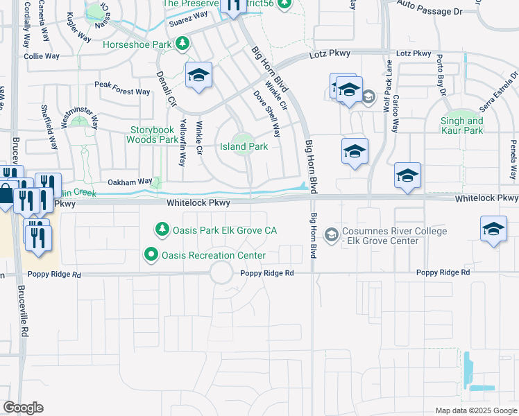 map of restaurants, bars, coffee shops, grocery stores, and more near 8229 Triplefin Way in Elk Grove