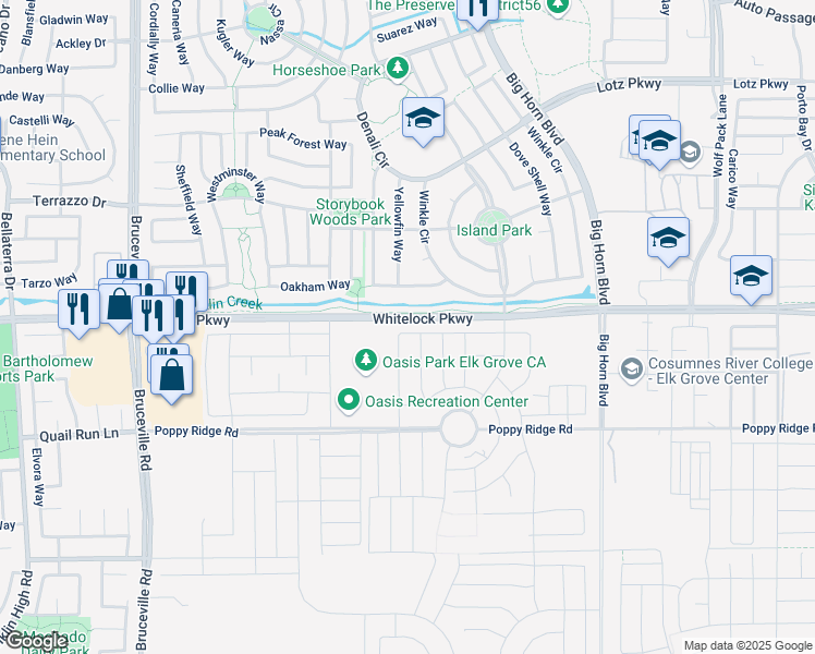 map of restaurants, bars, coffee shops, grocery stores, and more near 8137 Triplefin Way in Elk Grove