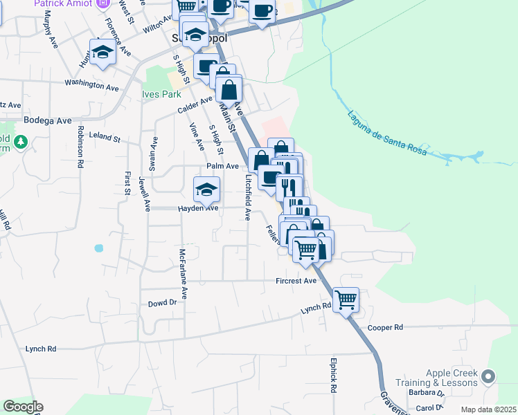 map of restaurants, bars, coffee shops, grocery stores, and more near 7090 Fellers Lane in Sebastopol