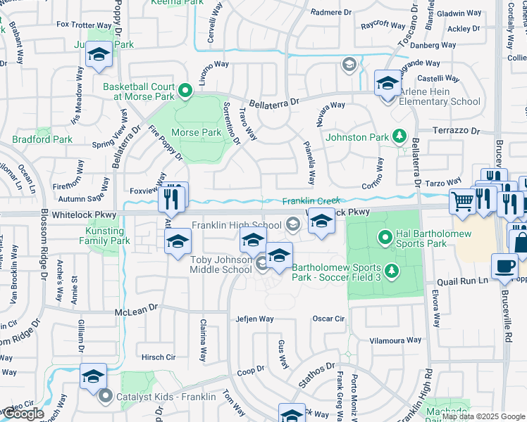 map of restaurants, bars, coffee shops, grocery stores, and more near Whitelock Pkwy & Franklin High Rd in Elk Grove