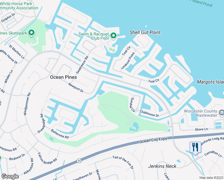 map of restaurants, bars, coffee shops, grocery stores, and more near 31 Watergreen Lane in Ocean Pines