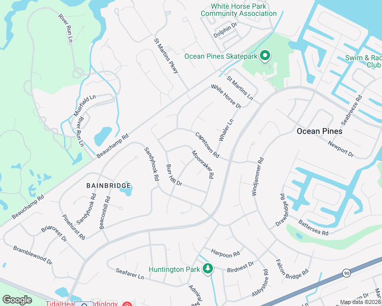 map of restaurants, bars, coffee shops, grocery stores, and more near 24 Moonraker Road in Ocean Pines