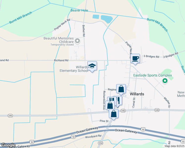 map of restaurants, bars, coffee shops, grocery stores, and more near 36161 Richland Road in Willards