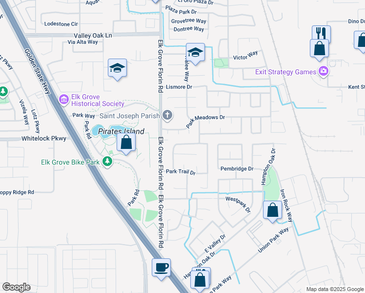 map of restaurants, bars, coffee shops, grocery stores, and more near 9052 Meadowdale Way in Elk Grove