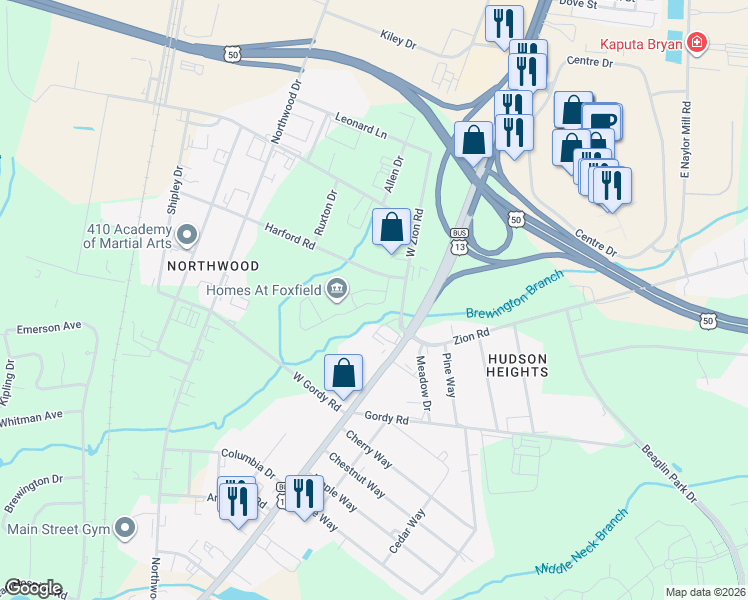 map of restaurants, bars, coffee shops, grocery stores, and more near 105 Foxfield Circle in Salisbury