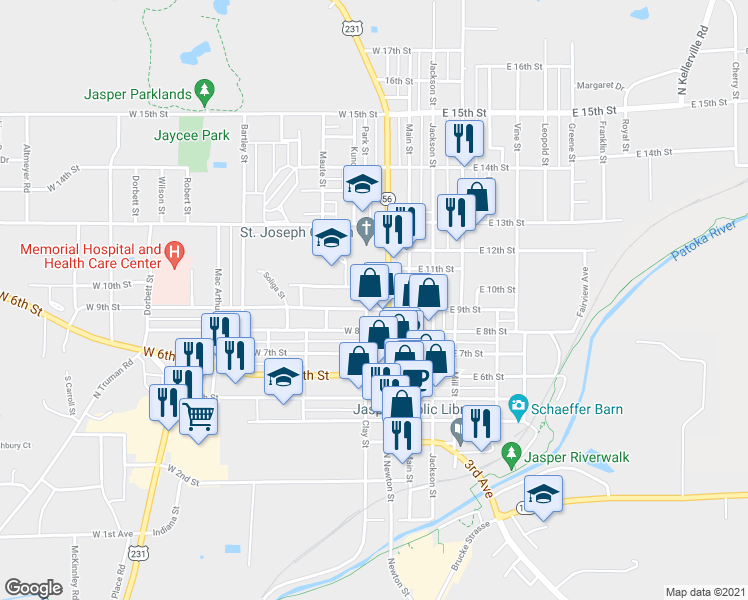 map of restaurants, bars, coffee shops, grocery stores, and more near 908 Clay Street in Jasper