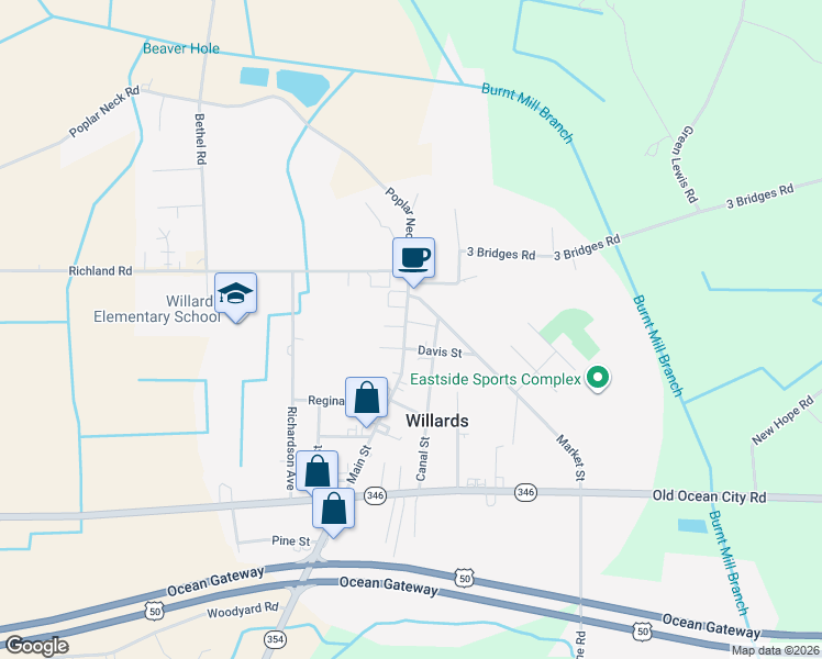 map of restaurants, bars, coffee shops, grocery stores, and more near 7745 Main Street in Willards