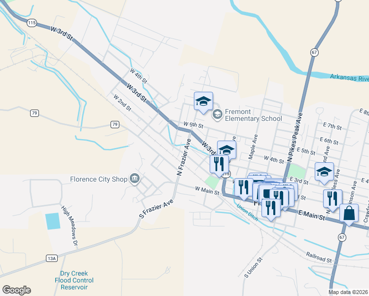 map of restaurants, bars, coffee shops, grocery stores, and more near 207 North Frazier Avenue in Florence