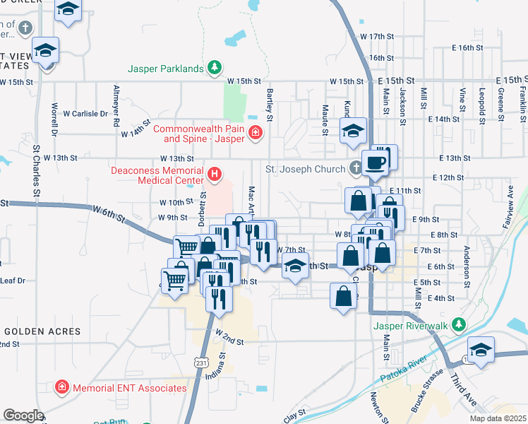 map of restaurants, bars, coffee shops, grocery stores, and more near 606 W 9th St in Jasper