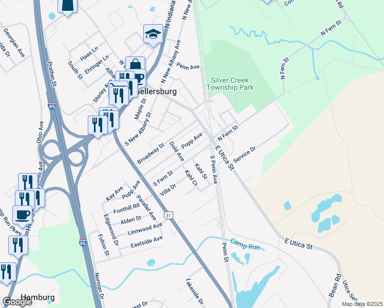 map of restaurants, bars, coffee shops, grocery stores, and more near 152 South Fern Street in Sellersburg