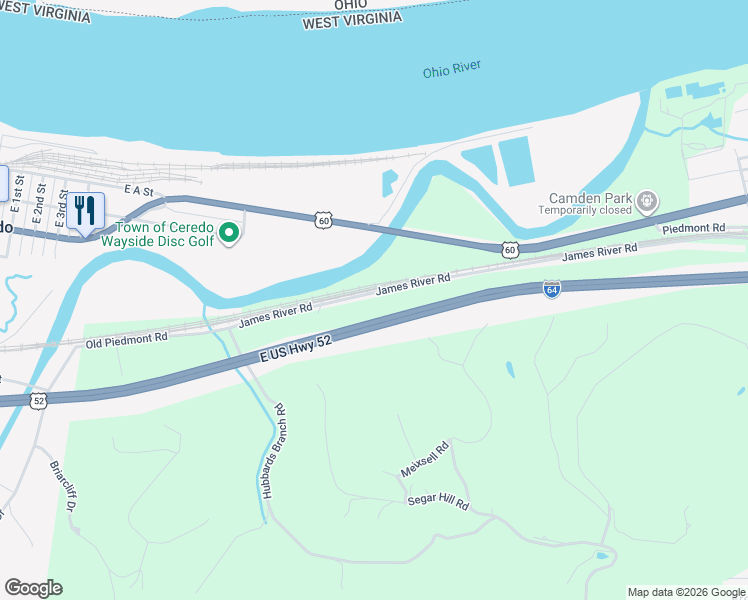 map of restaurants, bars, coffee shops, grocery stores, and more near 5121 James River Road in Huntington