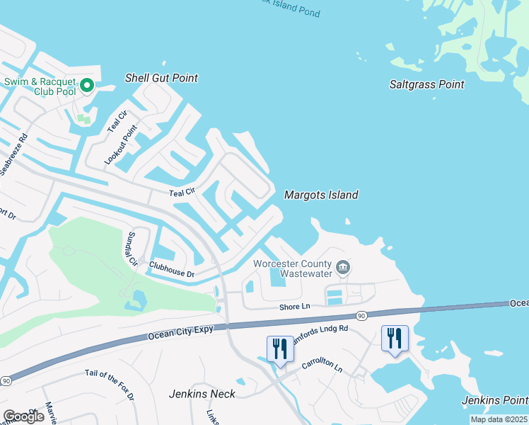 map of restaurants, bars, coffee shops, grocery stores, and more near 14 Clubhouse Drive in Ocean Pines