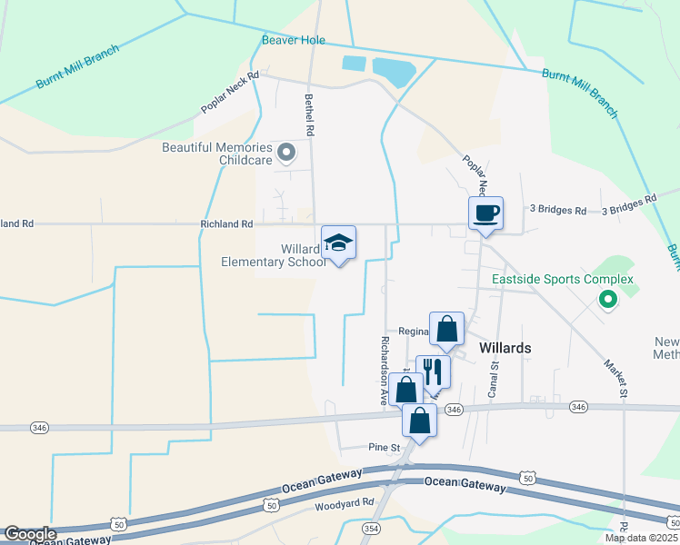 map of restaurants, bars, coffee shops, grocery stores, and more near 36161 Richland Road in Willards
