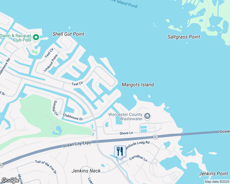 map of restaurants, bars, coffee shops, grocery stores, and more near 14 Clubhouse Drive in Ocean Pines