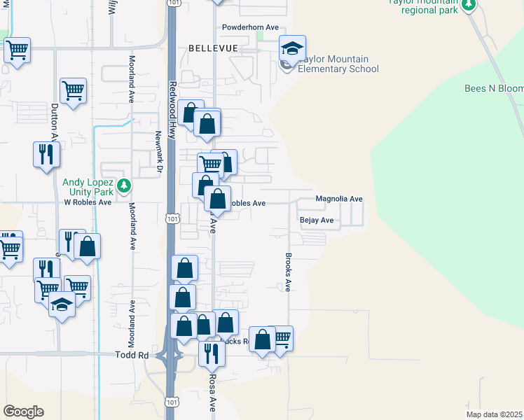 map of restaurants, bars, coffee shops, grocery stores, and more near 358 East Robles Avenue in Santa Rosa