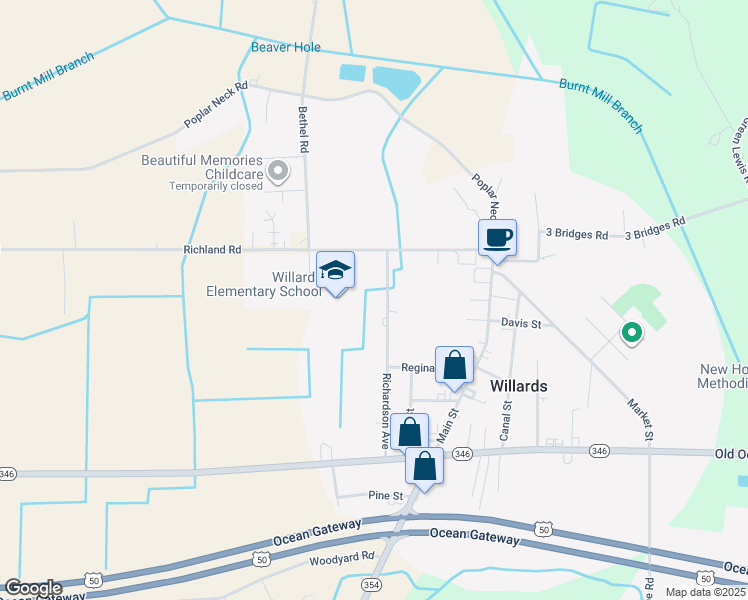 map of restaurants, bars, coffee shops, grocery stores, and more near 36161 Richland Road in Willards