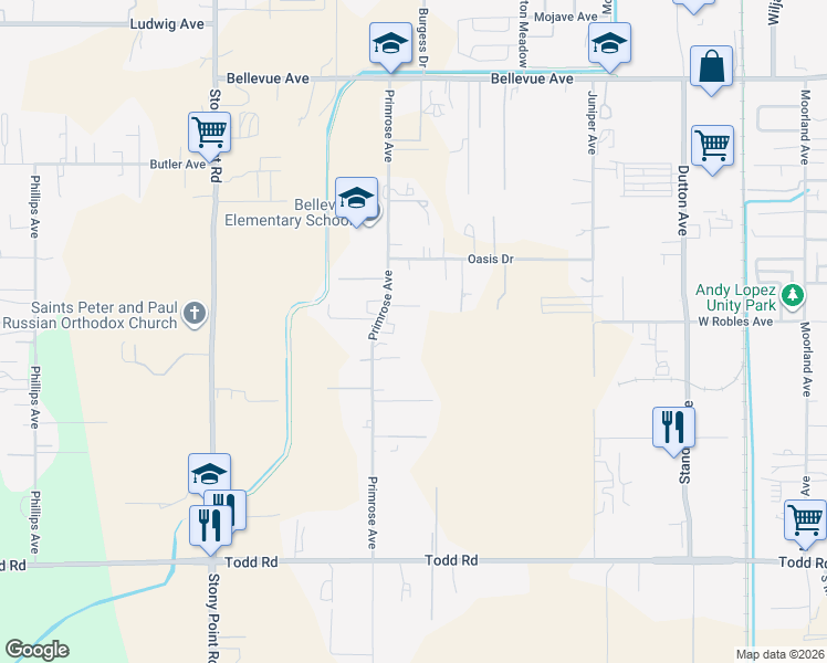 map of restaurants, bars, coffee shops, grocery stores, and more near 3442 Primrose Avenue in Santa Rosa