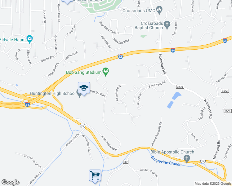 map of restaurants, bars, coffee shops, grocery stores, and more near 49 Keeneland Drive in Huntington