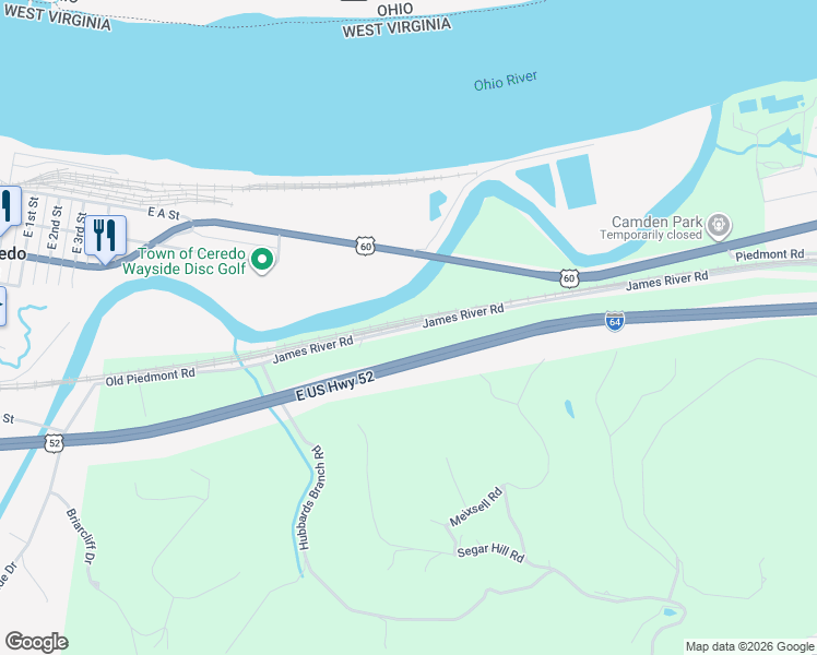 map of restaurants, bars, coffee shops, grocery stores, and more near 5121 James River Road in Huntington