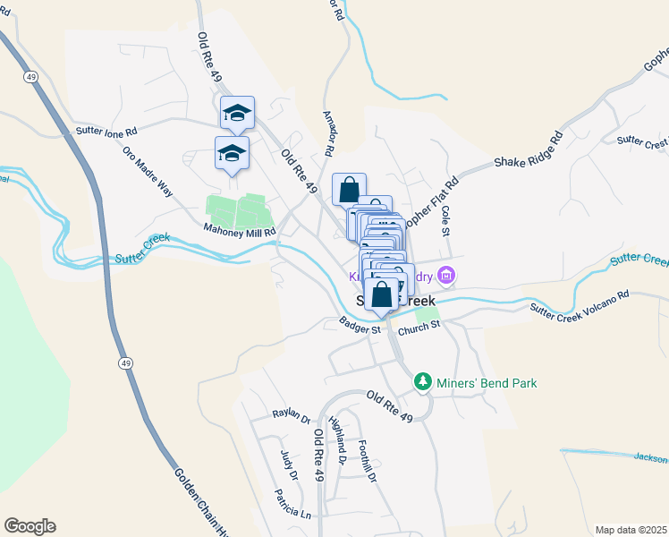 map of restaurants, bars, coffee shops, grocery stores, and more near 81 Spanish Street in Sutter Creek