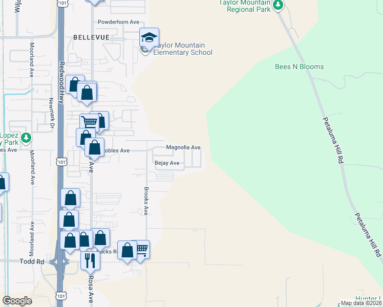 map of restaurants, bars, coffee shops, grocery stores, and more near 225 Magnolia Avenue in Santa Rosa