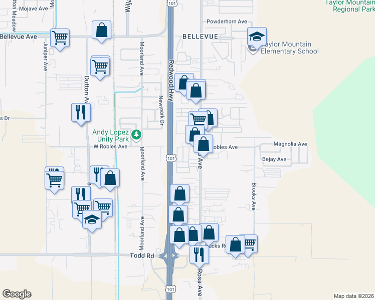 map of restaurants, bars, coffee shops, grocery stores, and more near 42 A Street in Santa Rosa