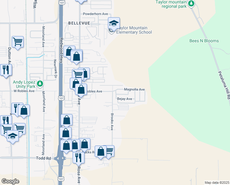 map of restaurants, bars, coffee shops, grocery stores, and more near 388 East Robles Avenue in Santa Rosa