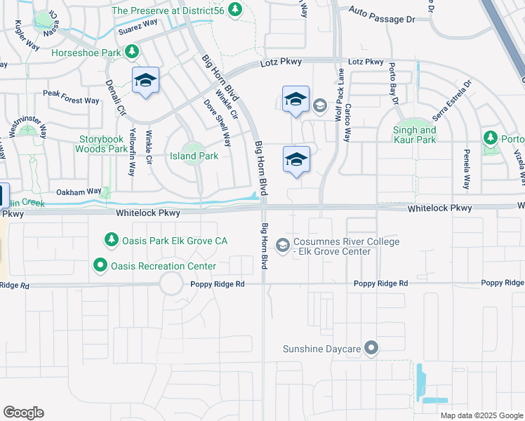 map of restaurants, bars, coffee shops, grocery stores, and more near Big Horn Boulevard in Elk Grove
