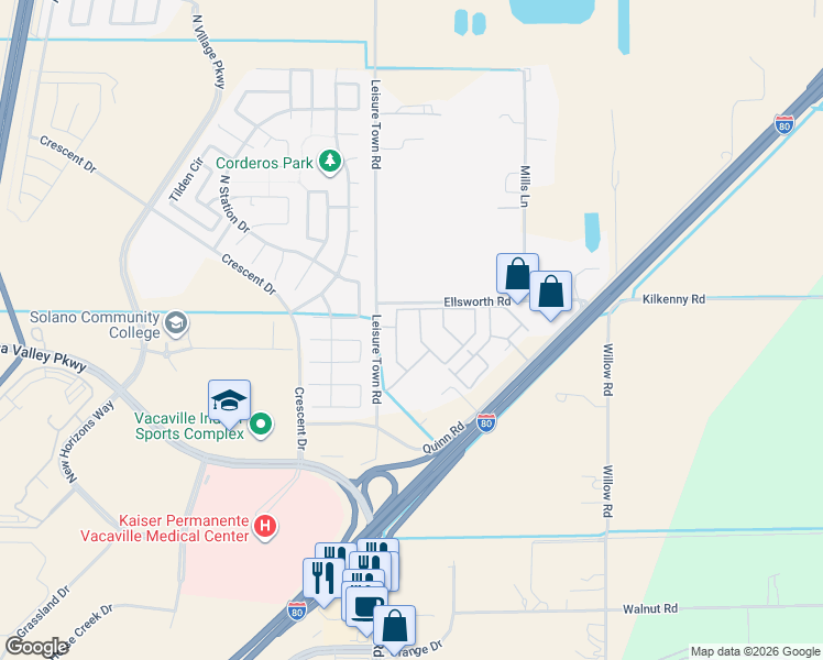 map of restaurants, bars, coffee shops, grocery stores, and more near 6801 Leisure Town Road in Vacaville