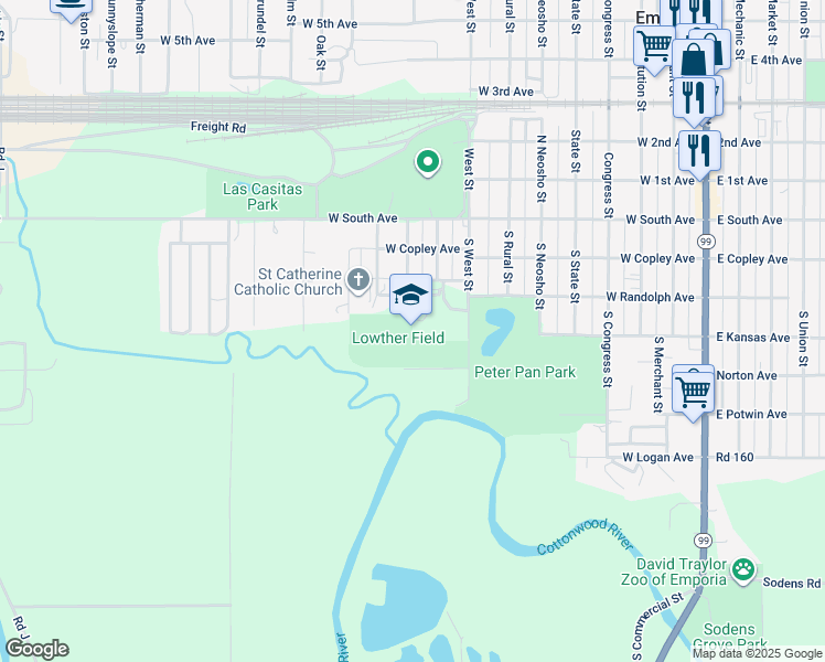 map of restaurants, bars, coffee shops, grocery stores, and more near 327 South West Street in Emporia