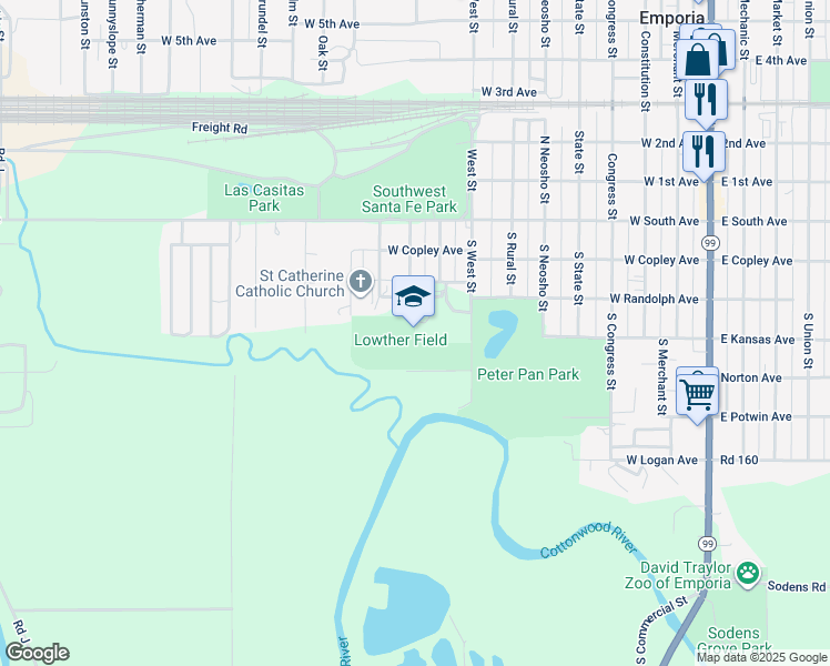 map of restaurants, bars, coffee shops, grocery stores, and more near 12 East 5th Avenue in Emporia