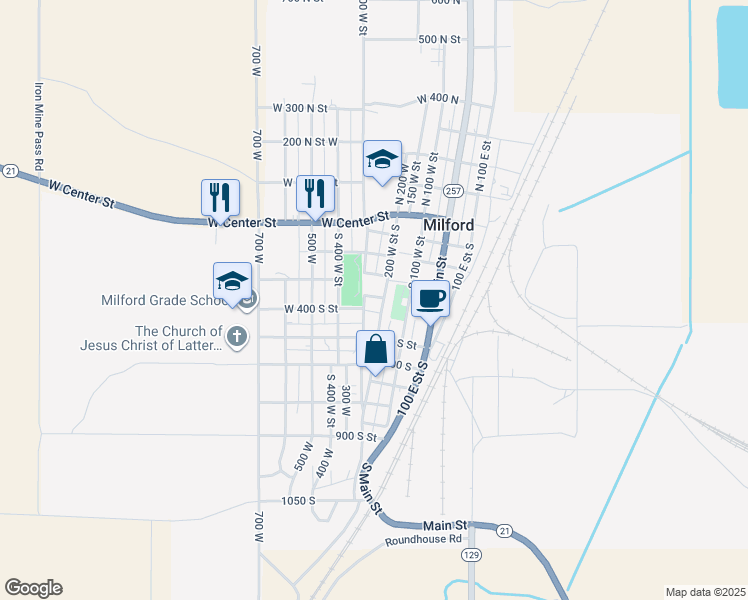 map of restaurants, bars, coffee shops, grocery stores, and more near South 300 West Street in Milford