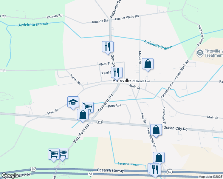 map of restaurants, bars, coffee shops, grocery stores, and more near 7442 Gumboro Road in Pittsville