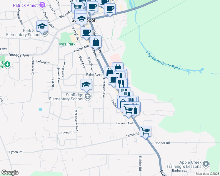 map of restaurants, bars, coffee shops, grocery stores, and more near 7090 Fellers Lane in Sebastopol