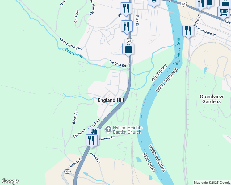 map of restaurants, bars, coffee shops, grocery stores, and more near 10203-10261 Mayo Trail Road in Catlettsburg