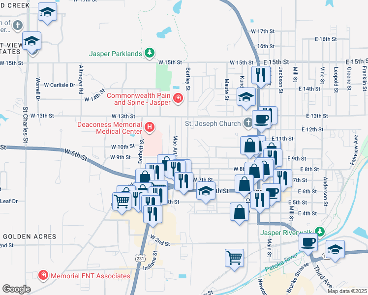 map of restaurants, bars, coffee shops, grocery stores, and more near 606 West 9th Street in Jasper