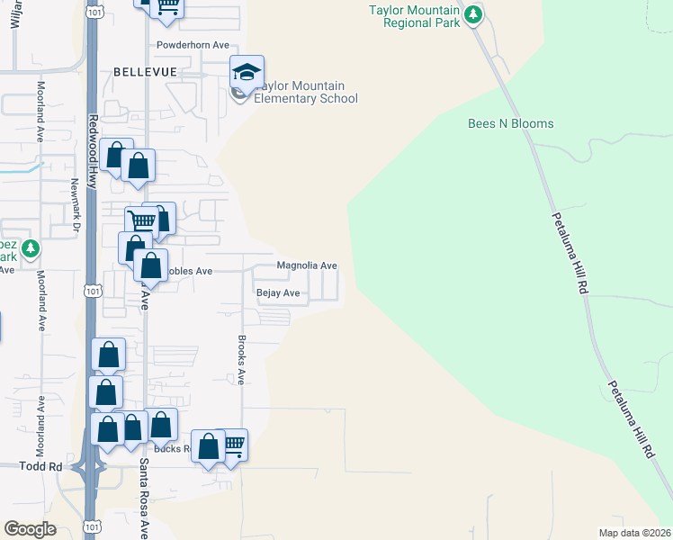 map of restaurants, bars, coffee shops, grocery stores, and more near 225 Magnolia Avenue in Santa Rosa