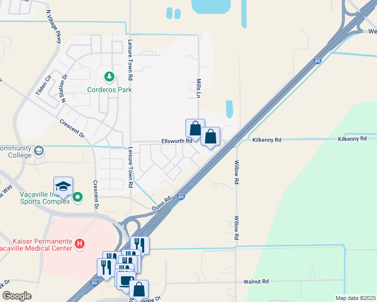 map of restaurants, bars, coffee shops, grocery stores, and more near 5085 Quinn Road in Vacaville