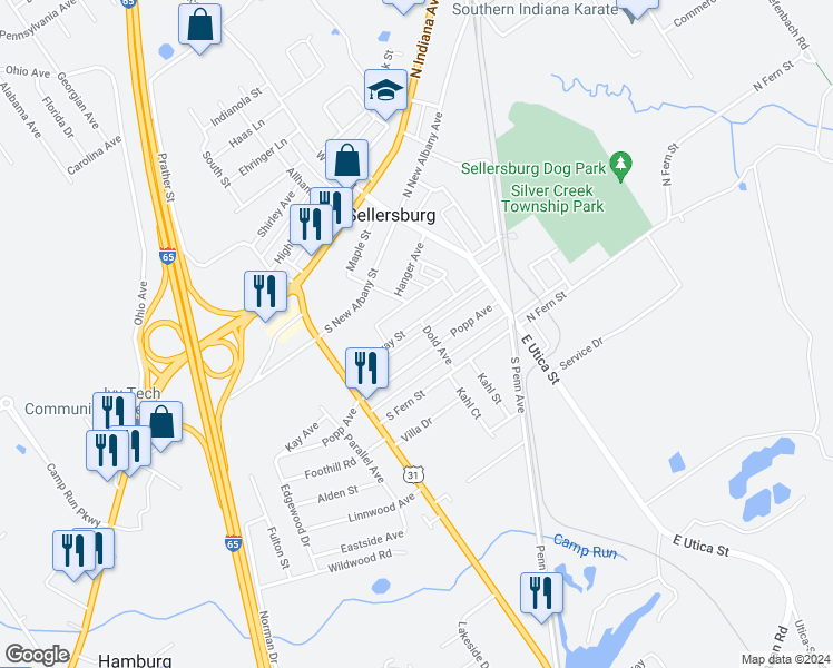 map of restaurants, bars, coffee shops, grocery stores, and more near 309 Popp Avenue in Sellersburg