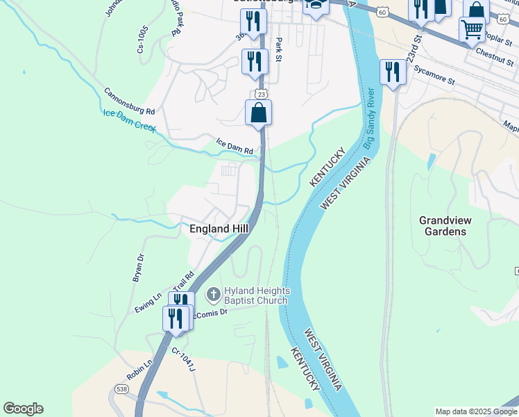 map of restaurants, bars, coffee shops, grocery stores, and more near 5811 Sunset Road in Catlettsburg