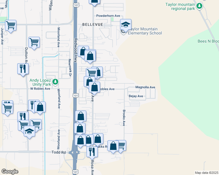 map of restaurants, bars, coffee shops, grocery stores, and more near 358 East Robles Avenue in Santa Rosa
