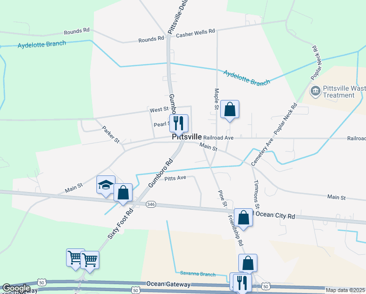 map of restaurants, bars, coffee shops, grocery stores, and more near 7442 Gumboro Road in Pittsville