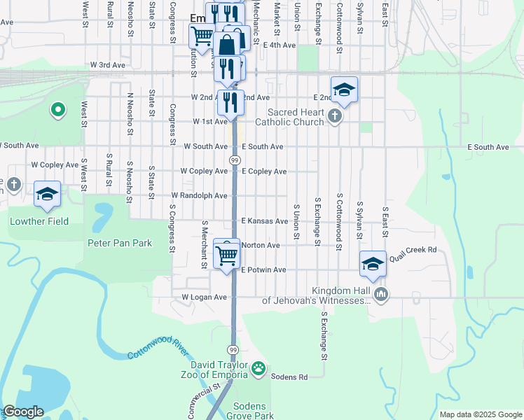 map of restaurants, bars, coffee shops, grocery stores, and more near 214 South Mechanic Street in Emporia