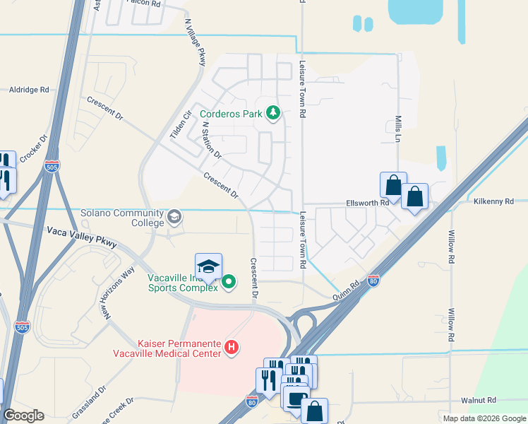 map of restaurants, bars, coffee shops, grocery stores, and more near 530 Pine Tree Court in Vacaville